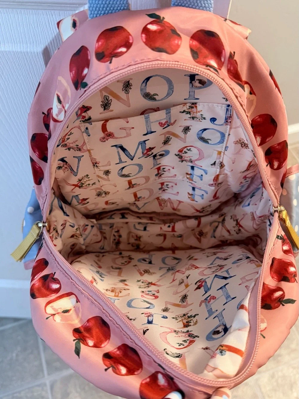 Matilda Jane Pink Apple Print Kids Backpack with Blue Accents